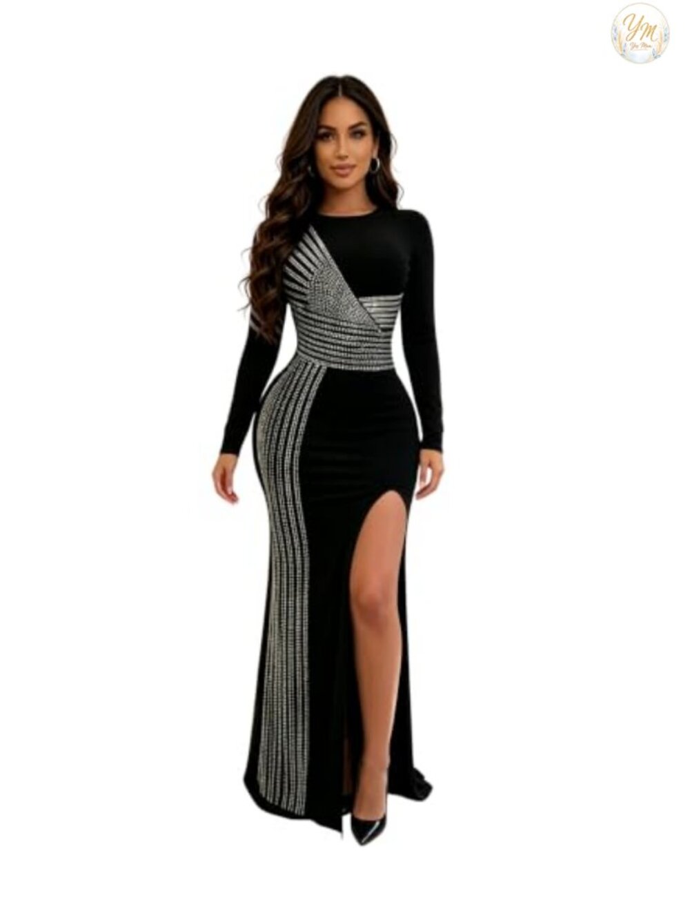 Rhinestone Long Sleeve Bodycon Side Slit Club Night Dress